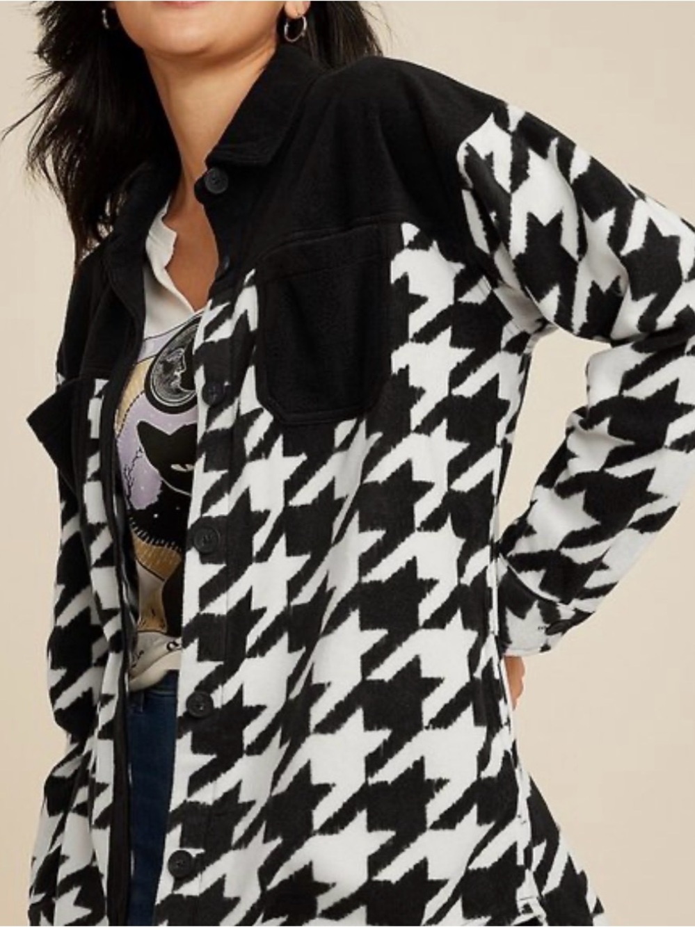 Maurice’s Black & White Houndstooth Button-Front Shacket